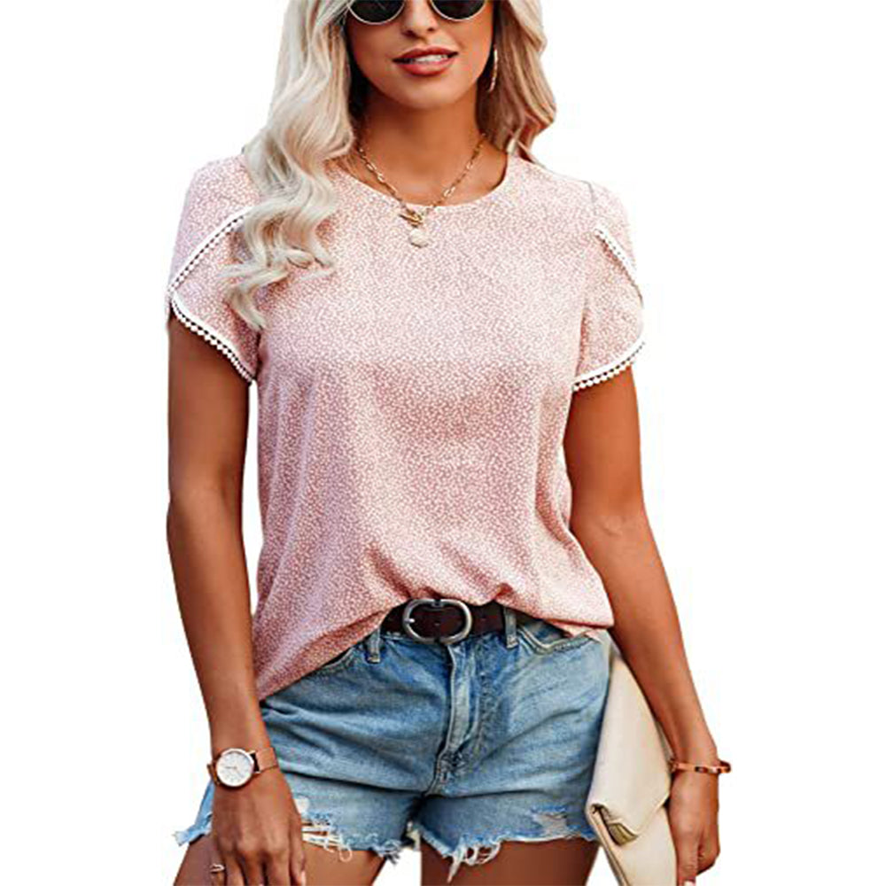 Women's Tops Casual Floral Print Lace Crochet Short Sleeve Shirt Tunic Top
