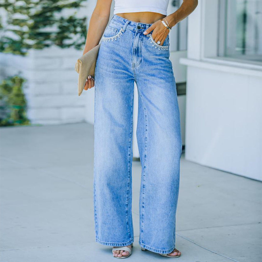 Women's Casual Denim Pants High Waisted Wide Leg Jeans Straight Trousers