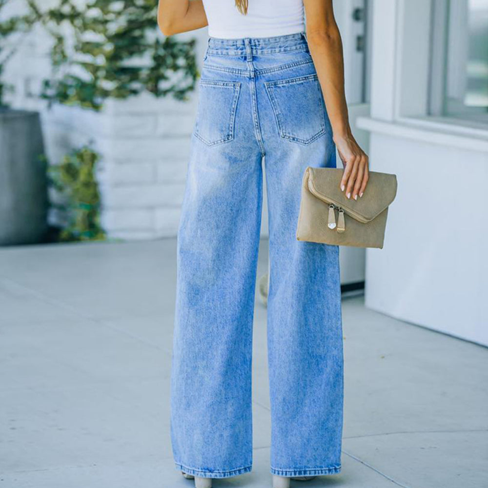 Women's Casual Denim Pants High Waisted Wide Leg Jeans Straight Trousers