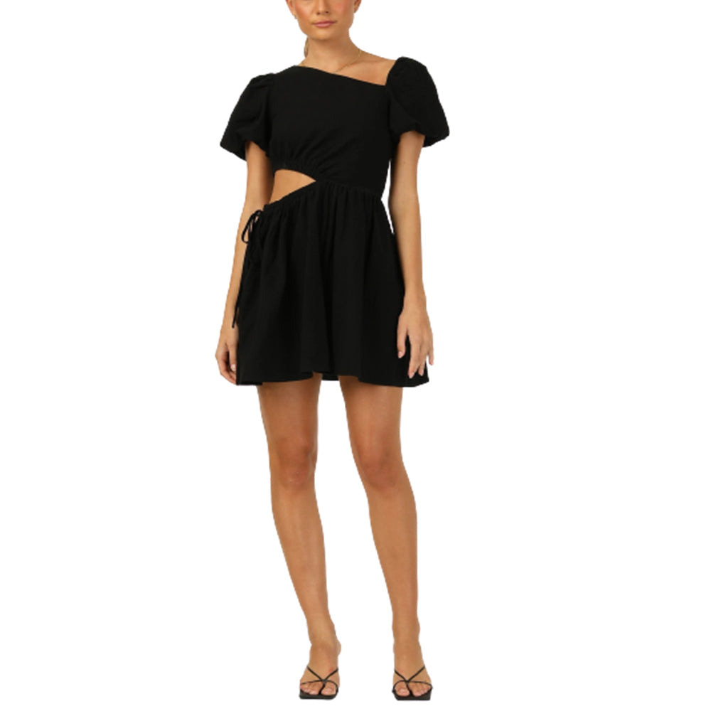 Women's Diagonal Neck Dress Cut Out Waist Puff Short Sleeve A Line Short Dress