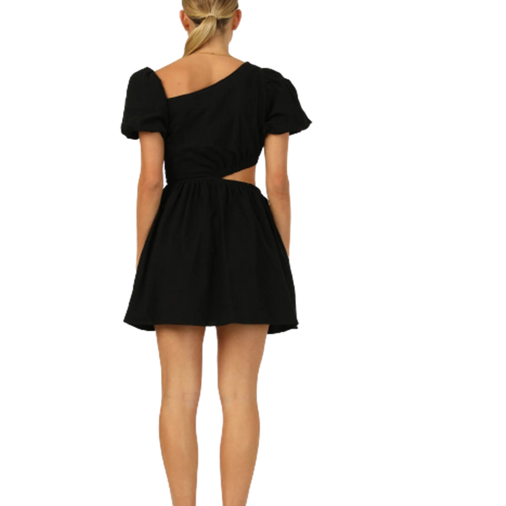 Women's Diagonal Neck Dress Cut Out Waist Puff Short Sleeve A Line Short Dress