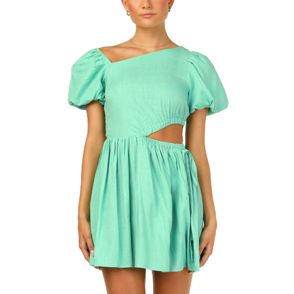 Women's Diagonal Neck Dress Cut Out Waist Puff Short Sleeve A Line Short Dress