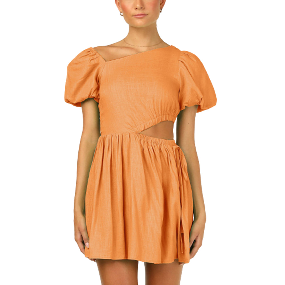 Women's Diagonal Neck Dress Cut Out Waist Puff Short Sleeve A Line Short Dress