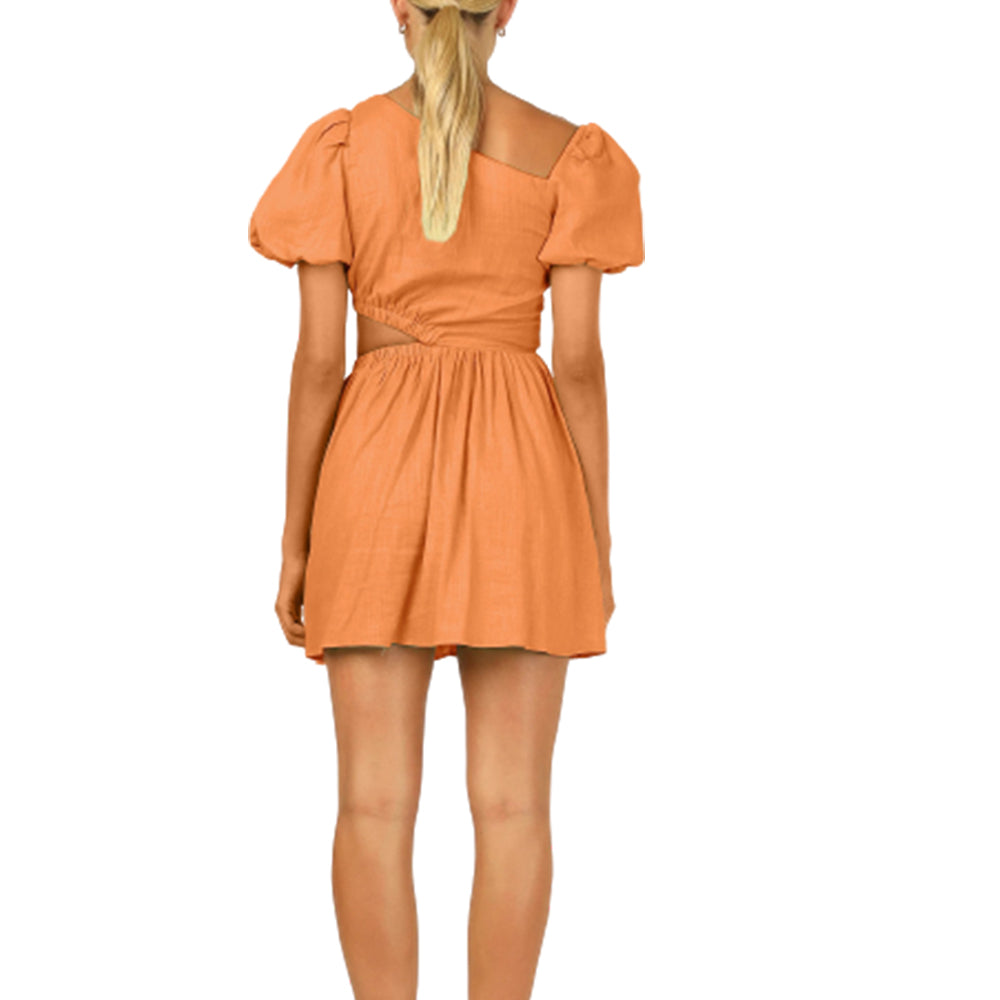 Women's Diagonal Neck Dress Cut Out Waist Puff Short Sleeve A Line Short Dress