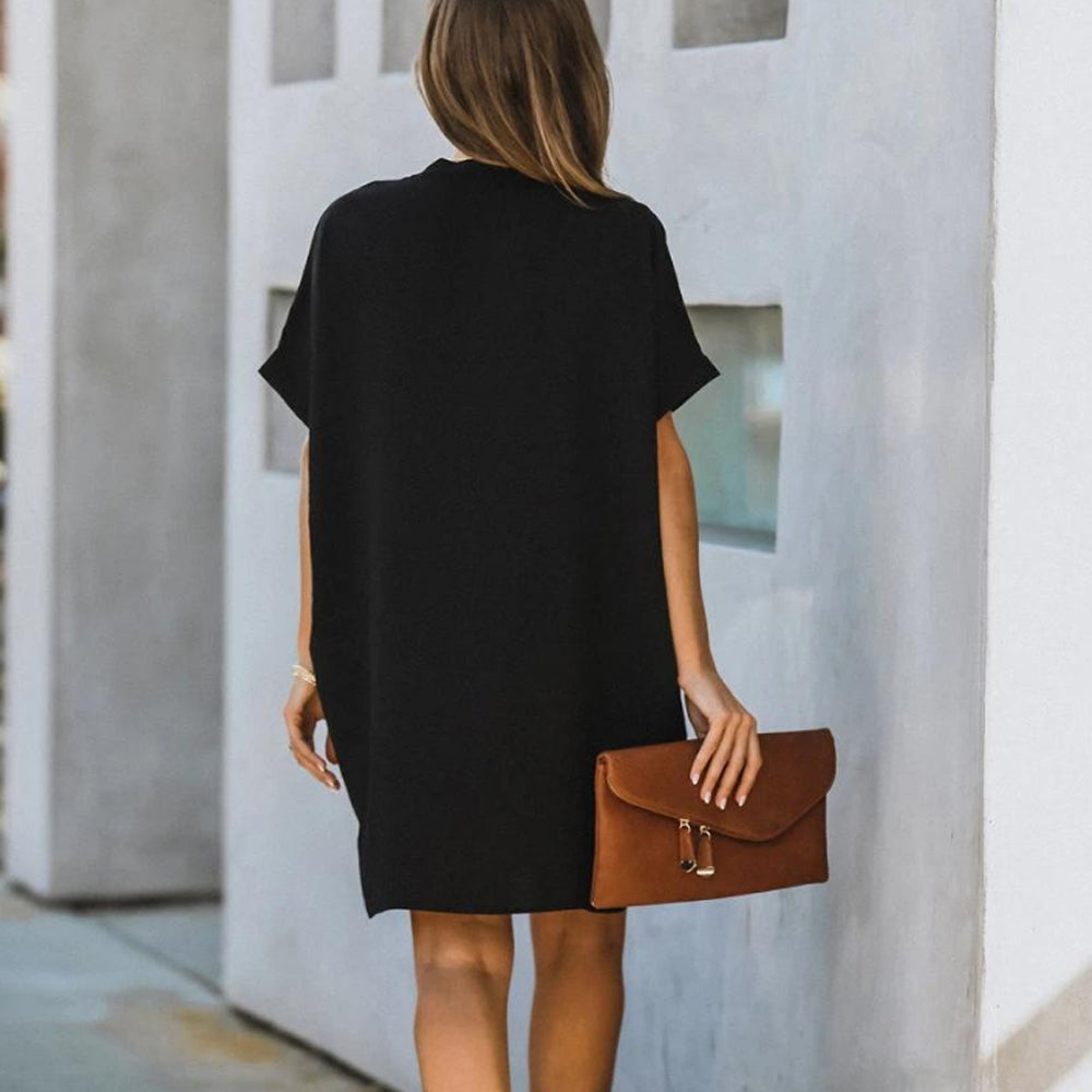 Women loose Tunic Dress Sleeve Deep V-Neck Simple Midi Dress