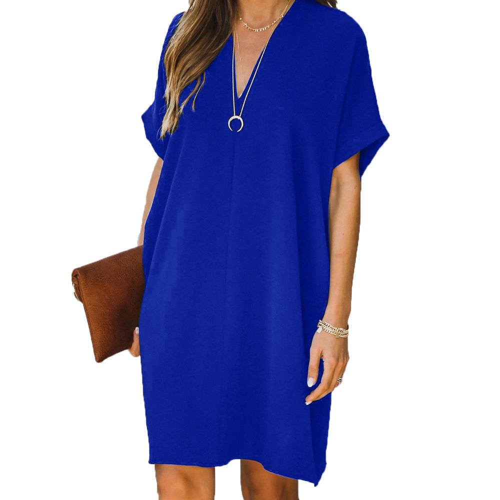 Women loose Tunic Dress Sleeve Deep V-Neck Simple Midi Dress