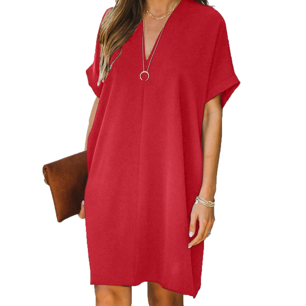 Women loose Tunic Dress Sleeve Deep V-Neck Simple Midi Dress