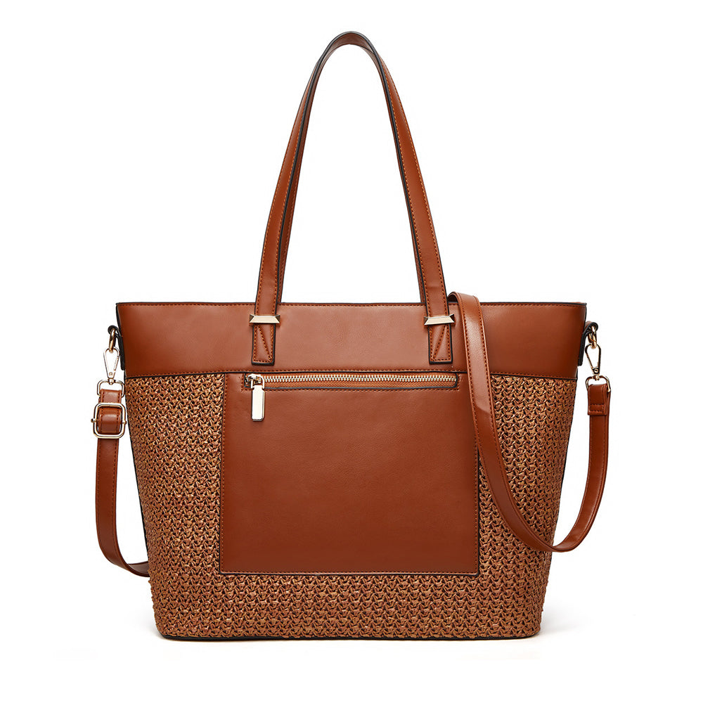 Women PU Leather Straw Woven Handbag Ladies Hobo Bag Shoulder Bag