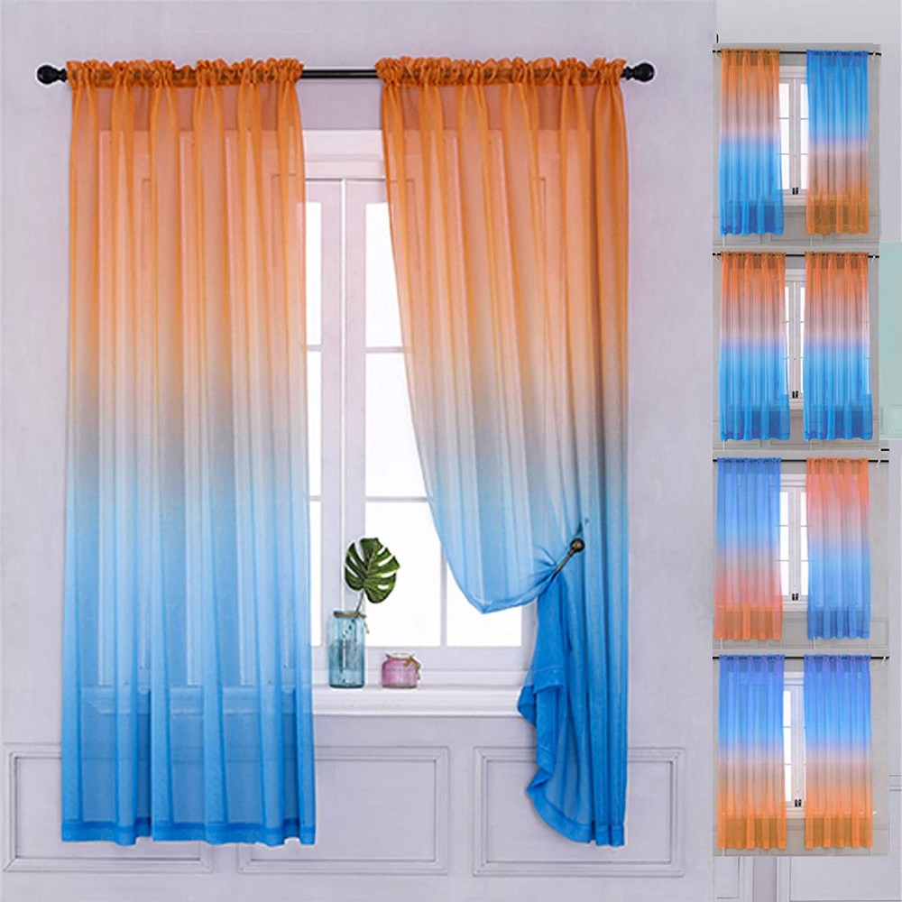 2Pcs Multiple Installation Ways Semi Sheer Curtains Home Decorations-Blue