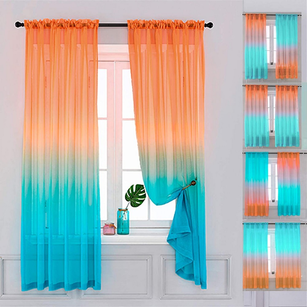 2Pcs Multiple Installation Ways Semi Sheer Curtains Home Decorations-Orange