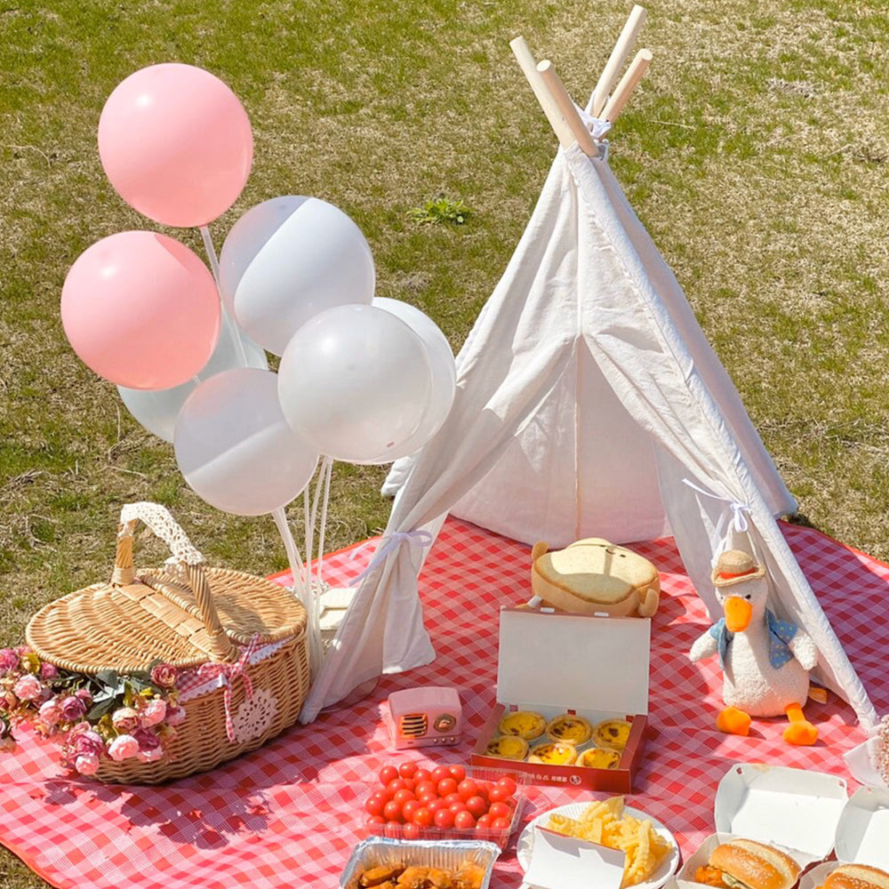 Outdoor Picnic Camping Tent with Folding Water-resistant Plaid Picnic Mat-Red