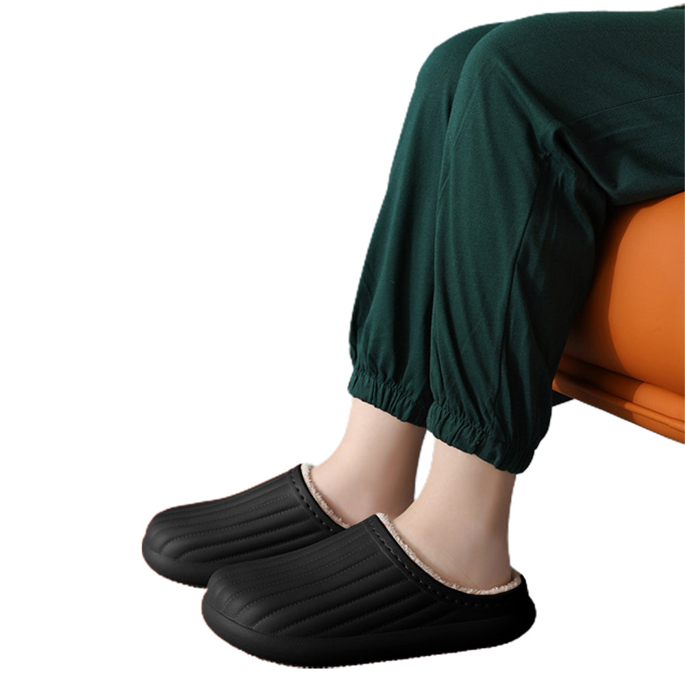 Water Resistant Winter Plush Slippers Thick Sole Warm Shoes Home Slippers-Black