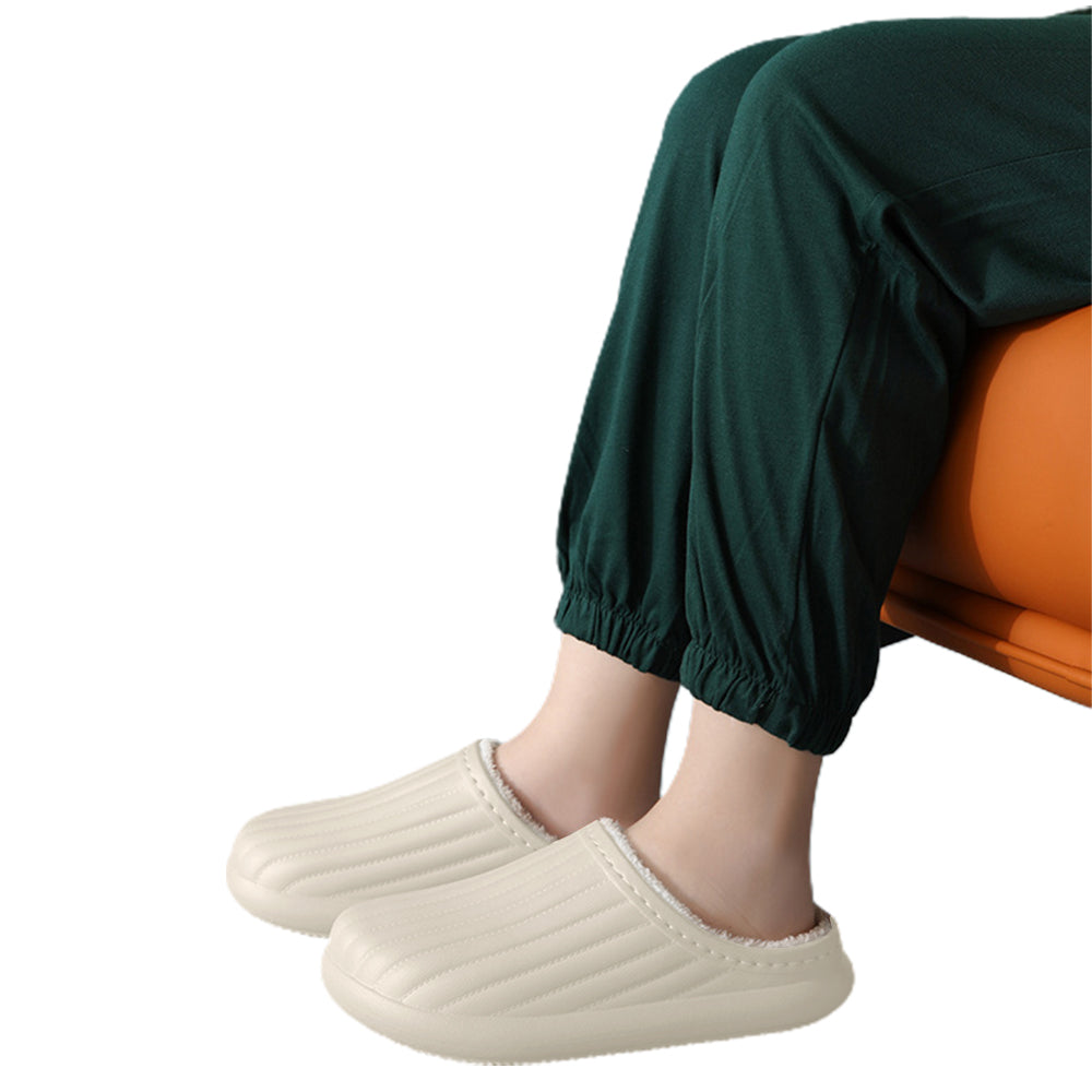 Water Resistant Winter Plush Slippers Thick Sole Warm Shoes Home Slippers-White