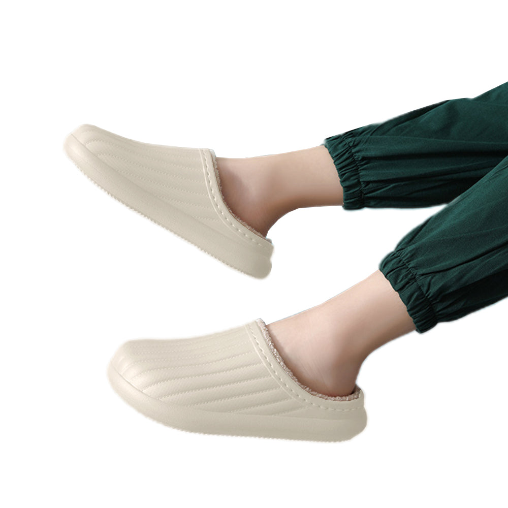 Water Resistant Winter Plush Slippers Thick Sole Warm Shoes Home Slippers-White