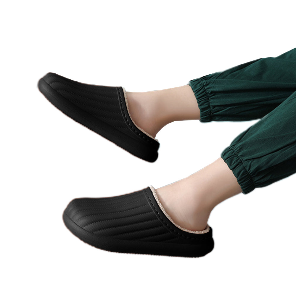 Water Resistant Winter Plush Slippers Thick Sole Warm Shoes Home Slippers-Black