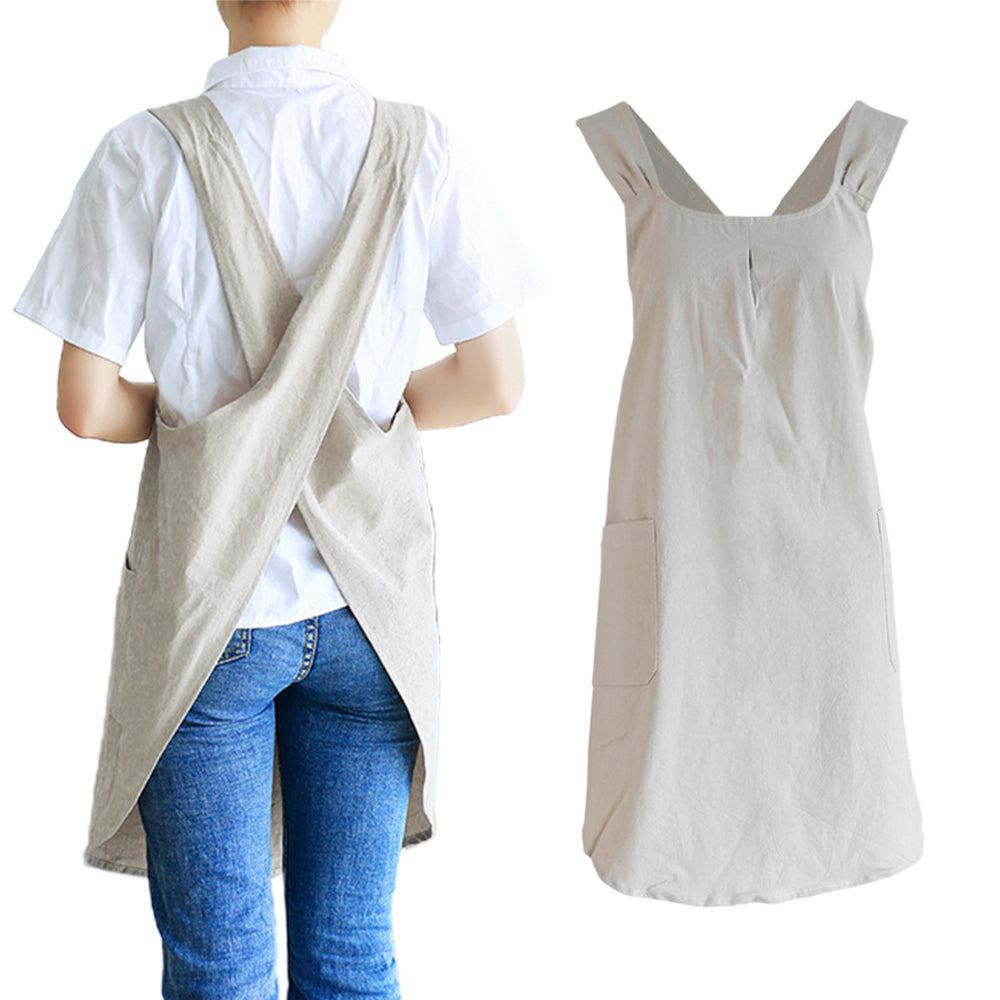 Cotton Aprons Cross Back Apron Dress with Pockets for Kitchen Flower Shop