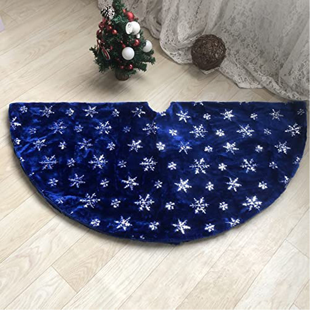 Blue Christmas Plush Tree Skirt with Silver Sequin Snowflake Xmas Decorations