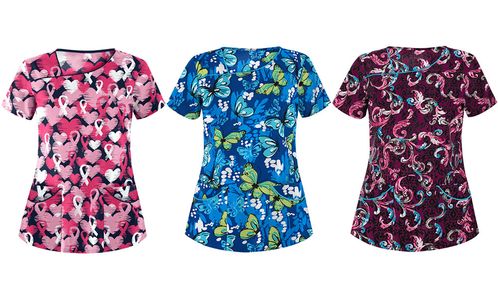 Women Causal Printed Top Short Sleeve Shirts Top with Pocket