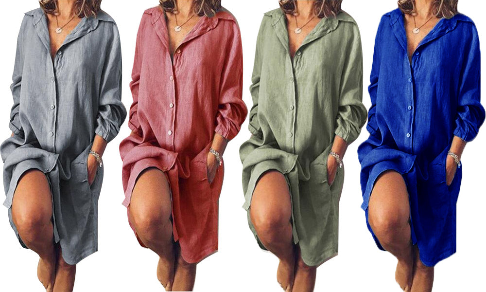 Women Cotton Button Down Shirt Dress Causal Loose Dress with Pocket Beach Shirt