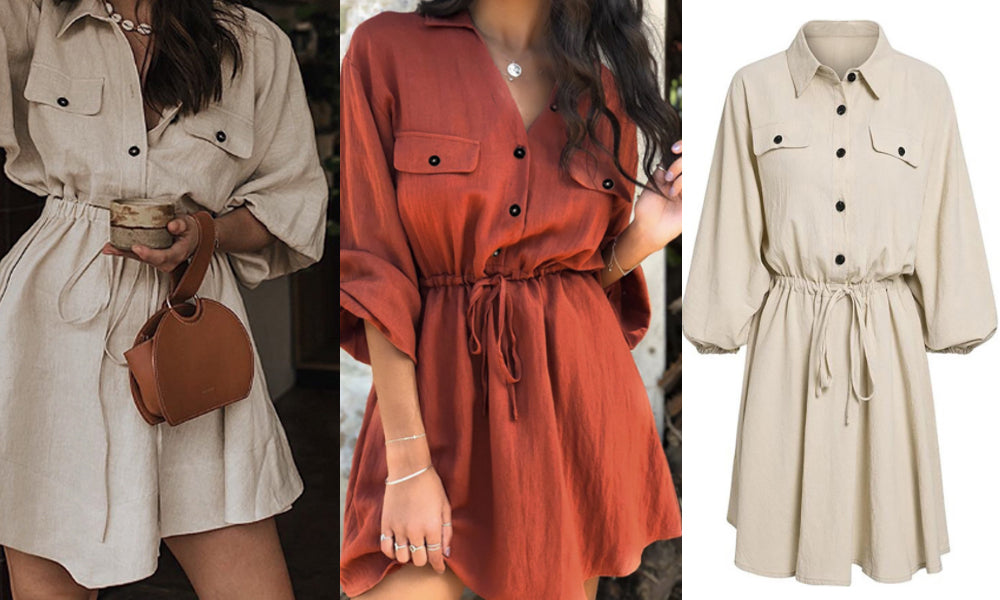 Women's Cotton Lantern Sleeve Shirt Dress
