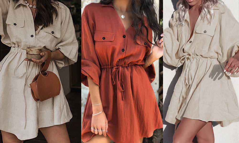Women's Cotton Lantern Sleeve Shirt Dress