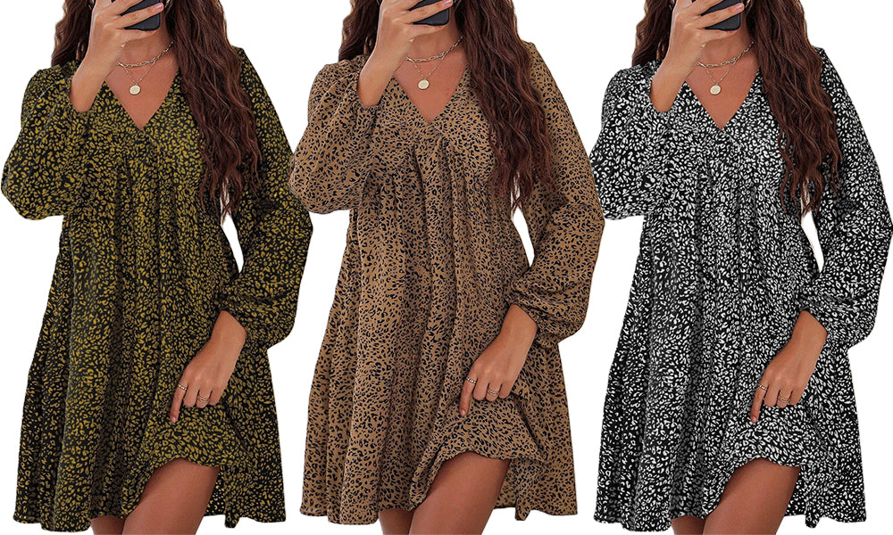 Women's Leopard Floral Printed Long Sleeve Tunic Dress