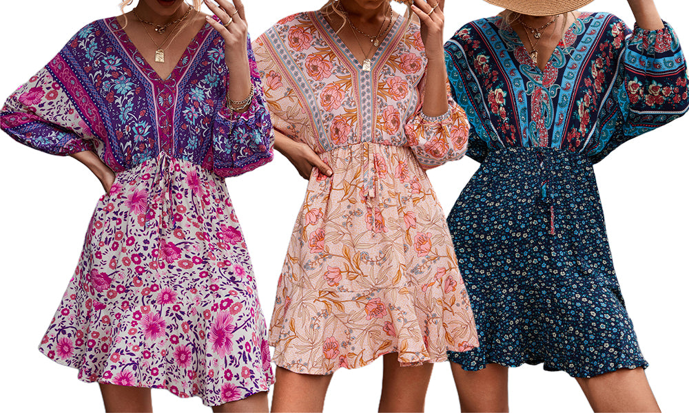 Women Boho 3/4 Sleeve V-Neck Ruffle Floral Flowy Kiddoll Mini Beach Dress