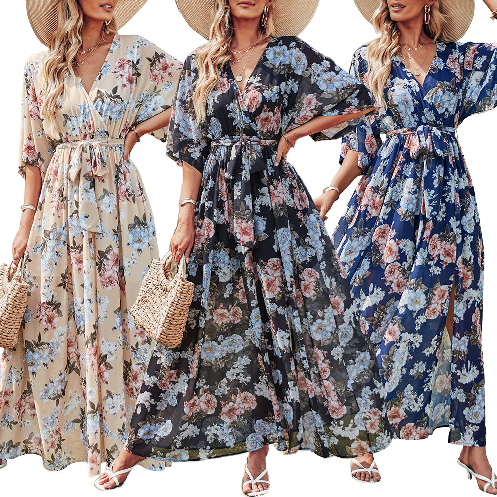 Women's Boho Floral Chiffon WrapV Neck 3/4 Sleeve Dress