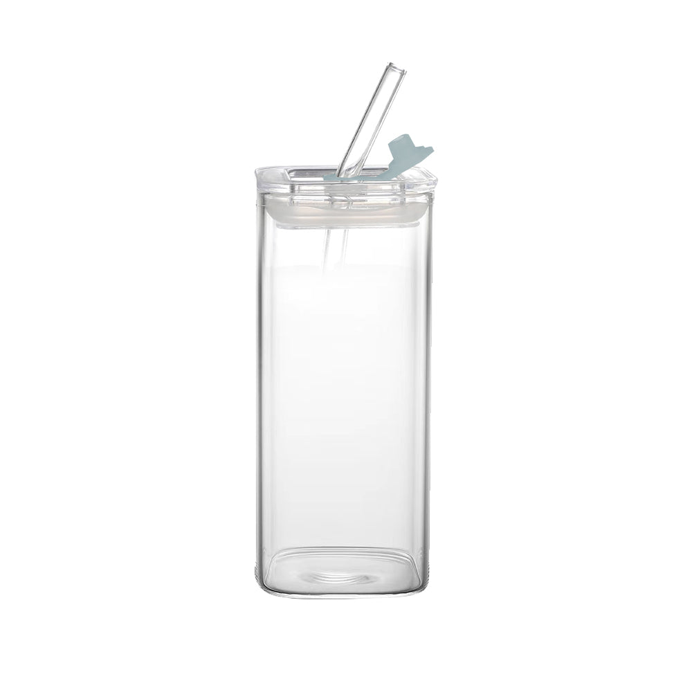 400ML Clear Glass Cup with Lid and Straw Square Glass Water Glass