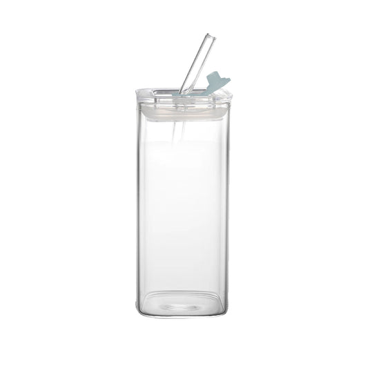400ML Clear Glass Cup with Lid and Straw Square Glass Water Glass