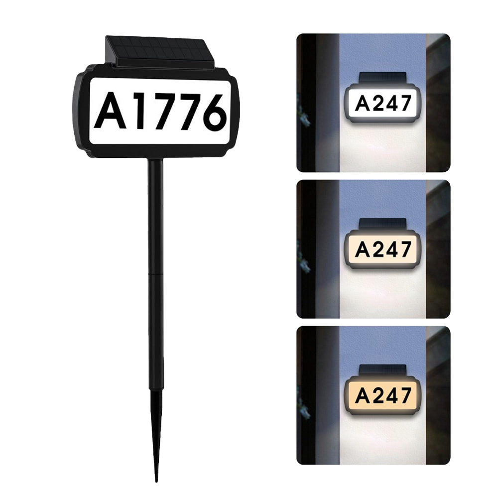 Solar Powered LED Illuminated Address Plaque with Stakes 3-Color Lighting Modes