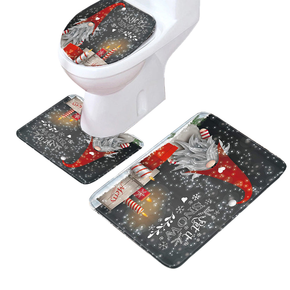 Christmas Non-Slip 3 PCs Bath Rugs Sets Toilet Lid Cover Toilet Mat Bathroom Decor