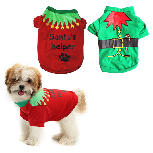 2Pcs Dog Cat Christmas T-Shirt Clothes Vest Puppy Pet Apparel Costume Coat Jacket-Green Belt and Gaiter