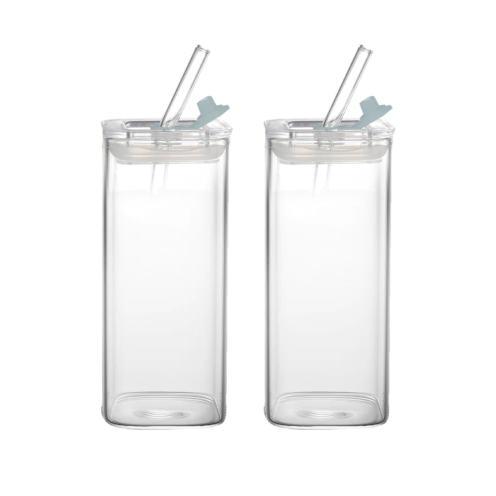 2Pcs 400ML Clear Glass Cup with Lid and Straw Square Glass Water Glass