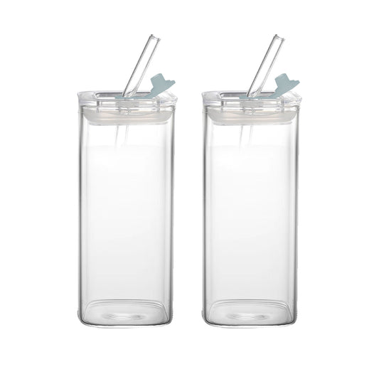 2Pcs 400ML Clear Glass Cup with Lid and Straw Square Glass Water Glass