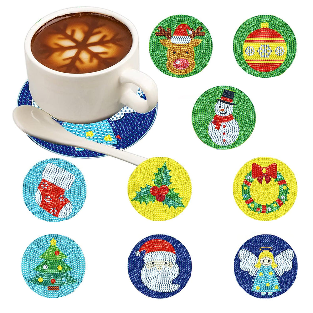 9Pcs DIY Acrylic Christmas Diamond Painting Coasters with Coaster Holder