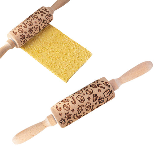 Christmas Embossing Rolling Pin Wooden Dough Roller-Gift