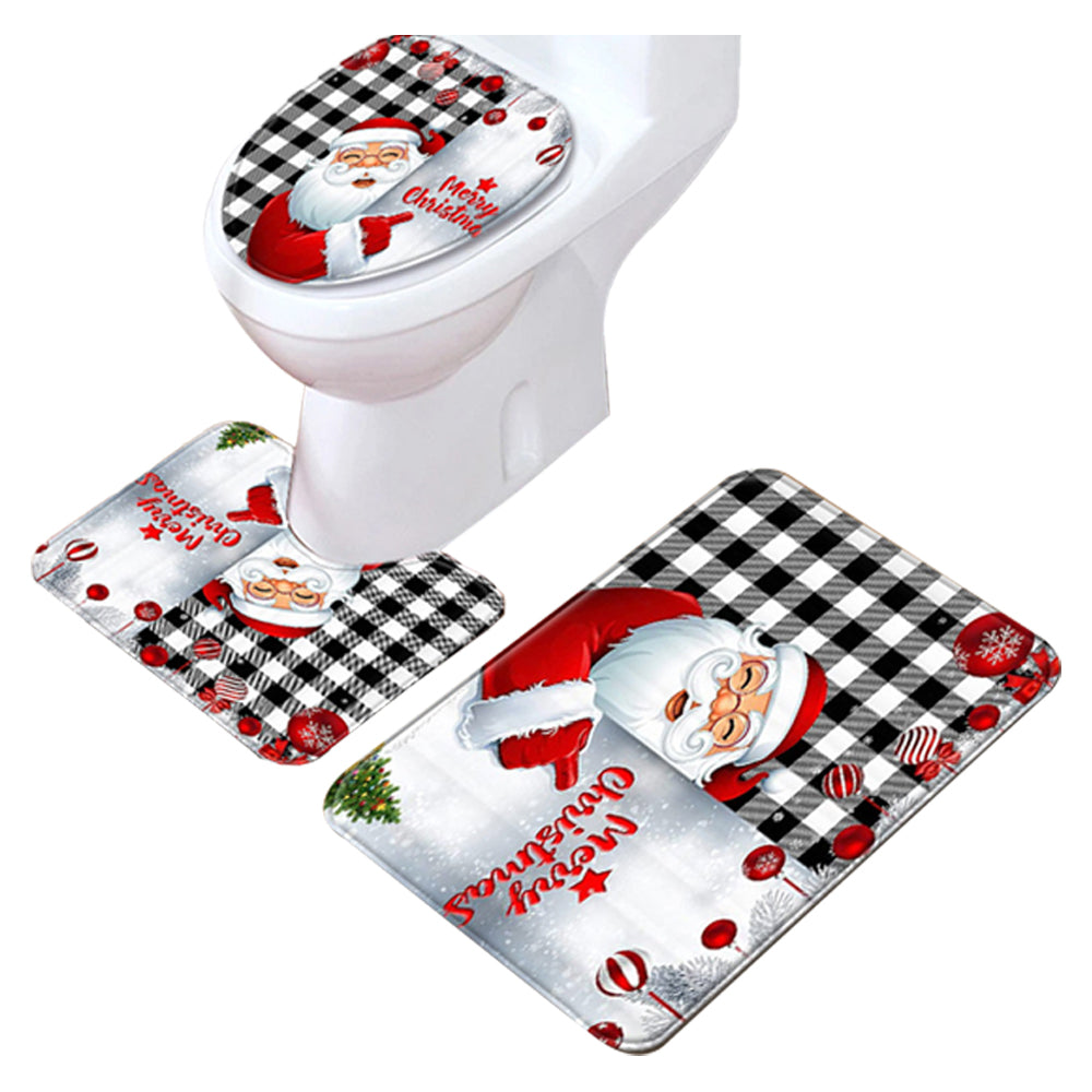 Christmas Non-Slip 3 PCs Bath Rugs Sets Toilet Lid Cover Toilet Mat Bathroom Decor