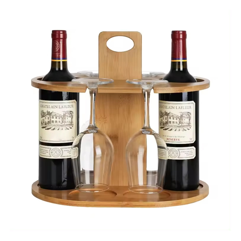 Bamboo Wine Storage and Display Rack Holds 2 Bottles and 4 Glasses