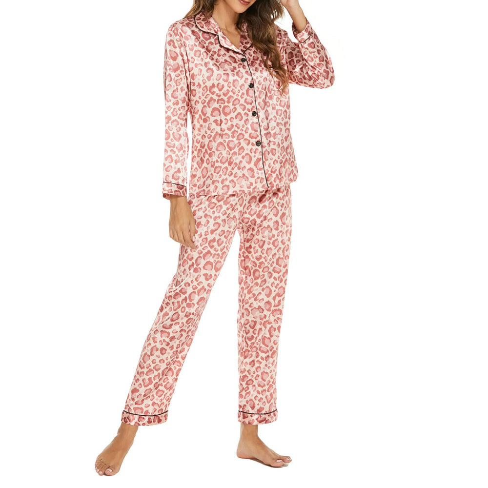 Print Satin Pyjamas Set-Pink Leopard