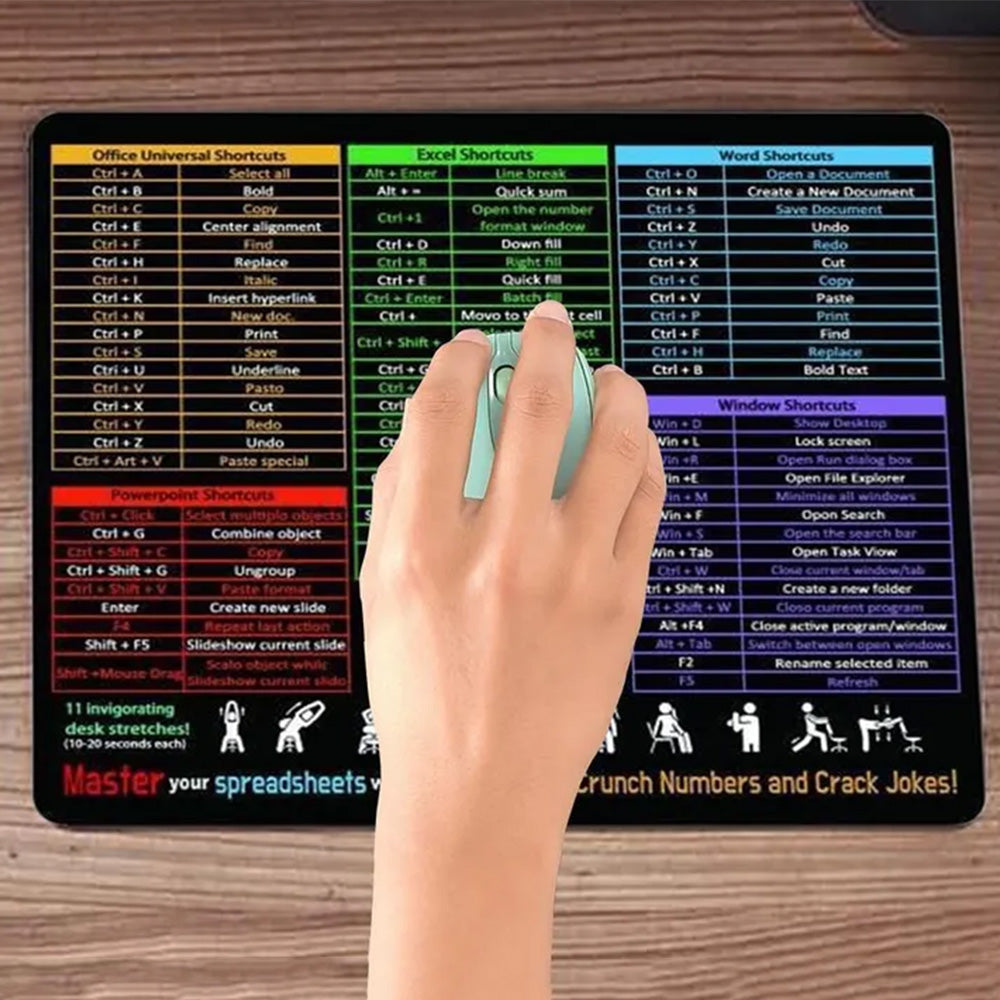 Portable Computer Mouse Pad with Excel Word PowerPoint Windows Shortcuts