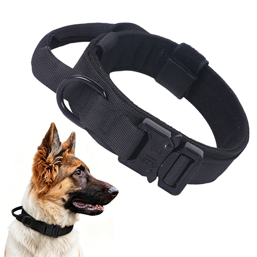 Adjustable Dog Collar with Handle Tactical Nylon Pet Collar for Medium Large Dogs-Black
