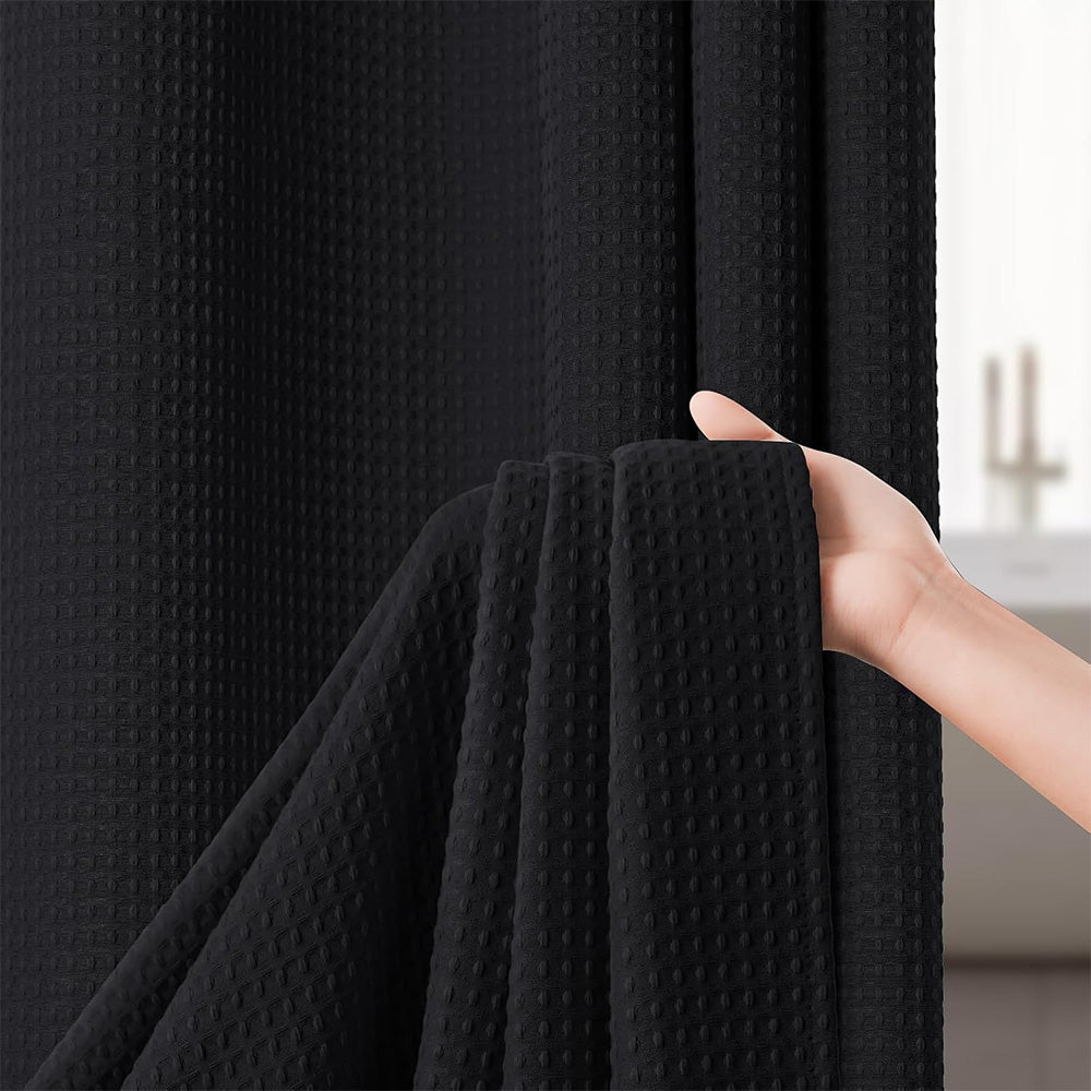 Waffle Weave Water Resistant Shower Curtain with 12 Rustproof Rings-Black