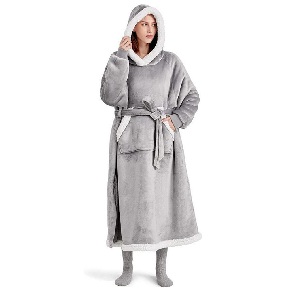 Fleece Long Blanket Hoodie with Giant Pocket and Belt Wearable Hooded Blanket