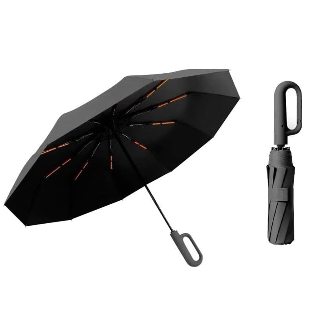 Automatic 10-Rib Folding Umbrella with Carabiner Handle Windproof
