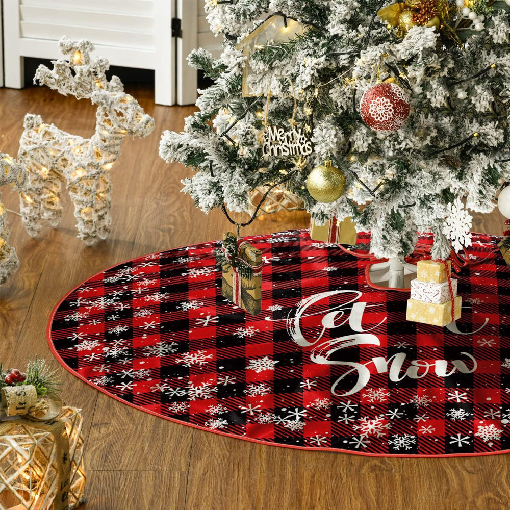 90/122CM Plaid Red-Black Christmas Tree Skirt with White Snowflake-Style 1