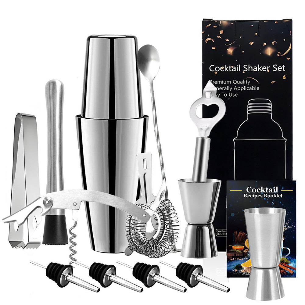 13Pcs Stainless Steel Cocktail Shaker Set Professional Bartender Kit with Recipes Booklet