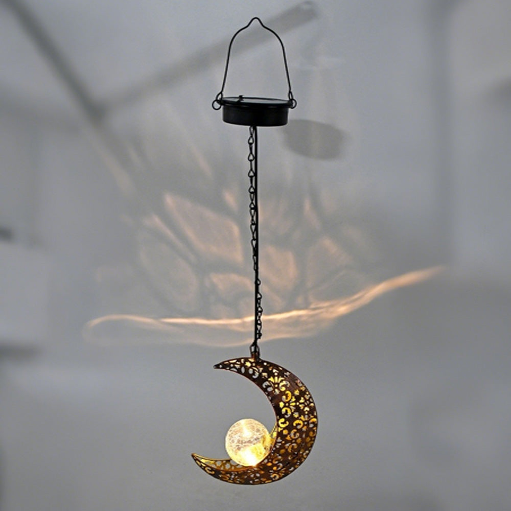 Hanging Solar Lights Outdoor Sun Moon Cracked Glass Lantern for Garden Patio Decor