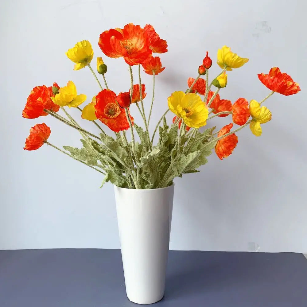 6Pcs 4 Head Artificial Poppy Flowers Papaver Rhoeas Flocking Stem Bouquet-Yellow, Red