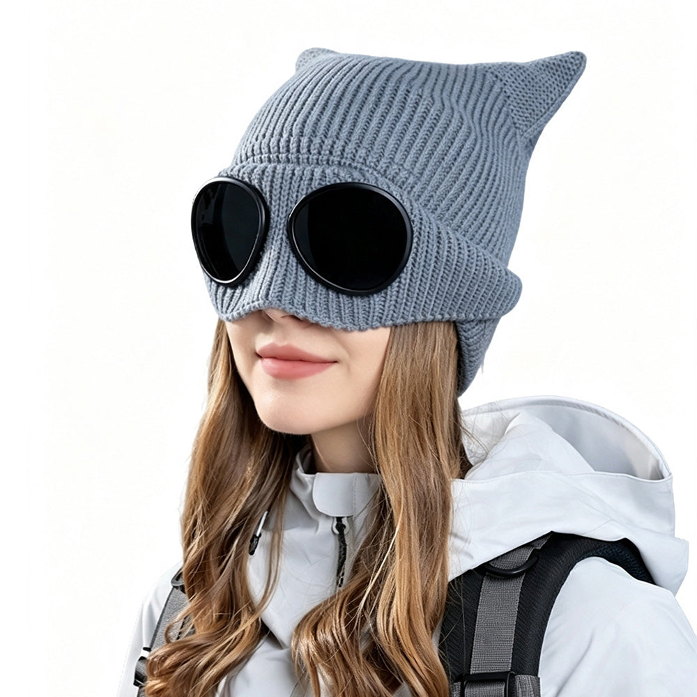 Double Layer Knit Winter Beanie with Goggles Cute Cat Ear Knit Beanie for Winter